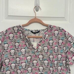 Gray Cat Print Scrub Top